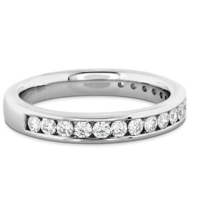 A white gold channel set diamond wedding band.