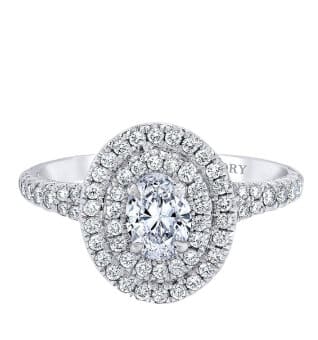 A diamond halo engagement ring in white gold.