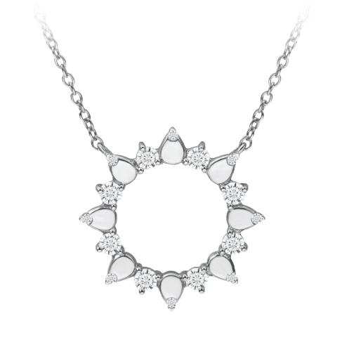 A white gold necklace with a diamond sunburst pendant.