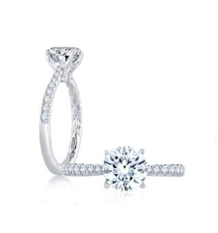 A white gold engagement ring with a round cut diamond.