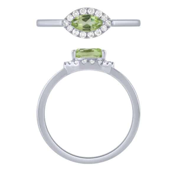 A ring with a peridot and diamonds.