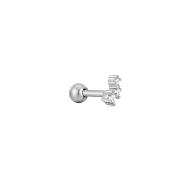 A silver stud ear piercing on a white background.