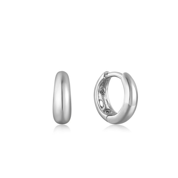 A pair of silver hoop earrings on a white background.