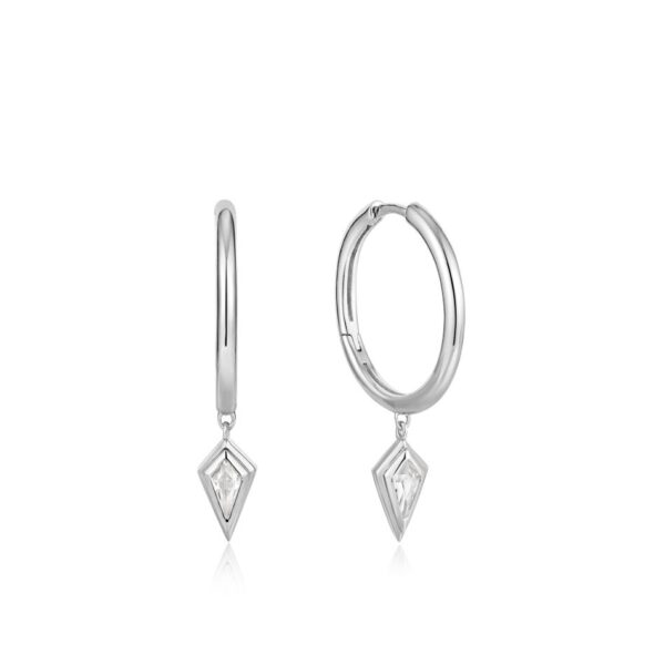 A pair of diamond hoop earrings on a white background.