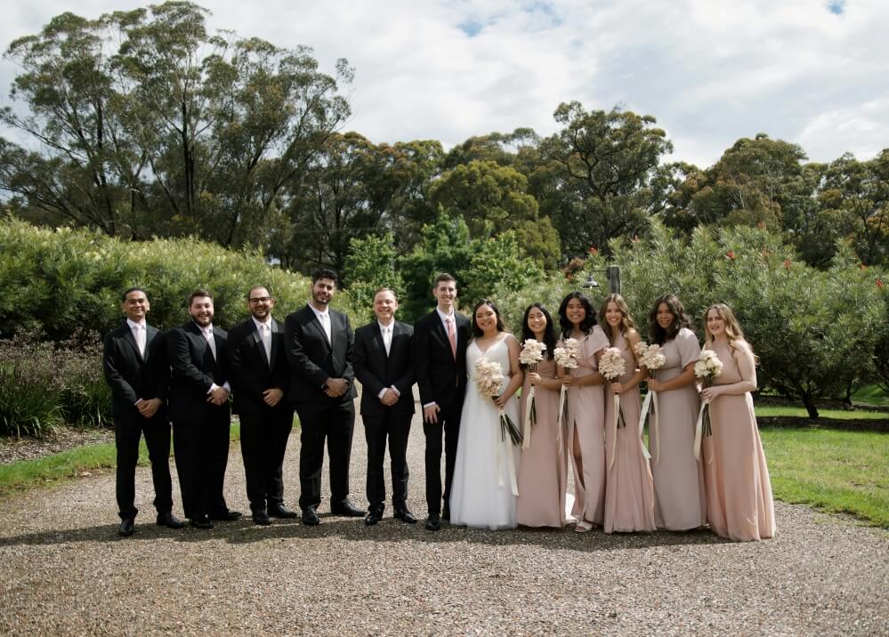 Bridesmaids and groomsmen posing with a bride and groom.