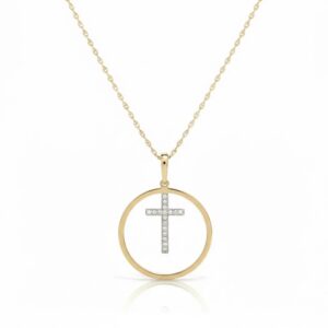 YELLOW GOLD CROSS CIRCLE DIAMOND PENDANT M3857