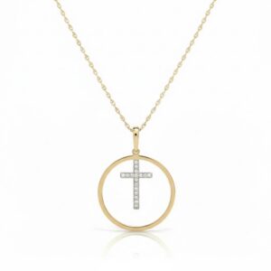 YELLOW GOLD CROSS CIRCLE DIAMOND PENDANT M3857