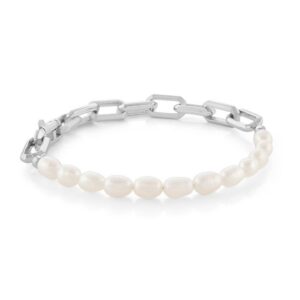 ITALGEM STEEL RECTANGLE-LINK FRESH-PEARLS BRACELET SWB206-7
