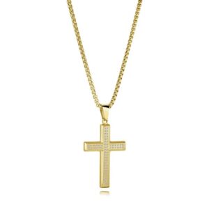 ITALGEM STEEL GOLD-IP DOUBLE-ROW WHITE-CZ CROSS NECKLACE SC254-GO