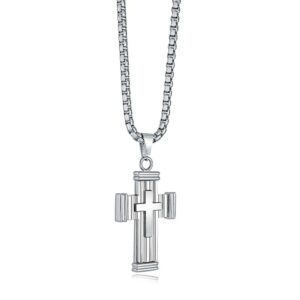 ITALGEM STEEL DOUBLE-CROSS LINED-PENDANT NECKLACE SC241