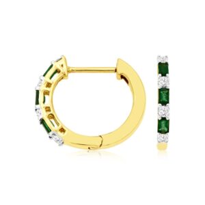 YELLOW GOLD EMERALD & DIAMOND HUGGIE HOOPS H2018EM