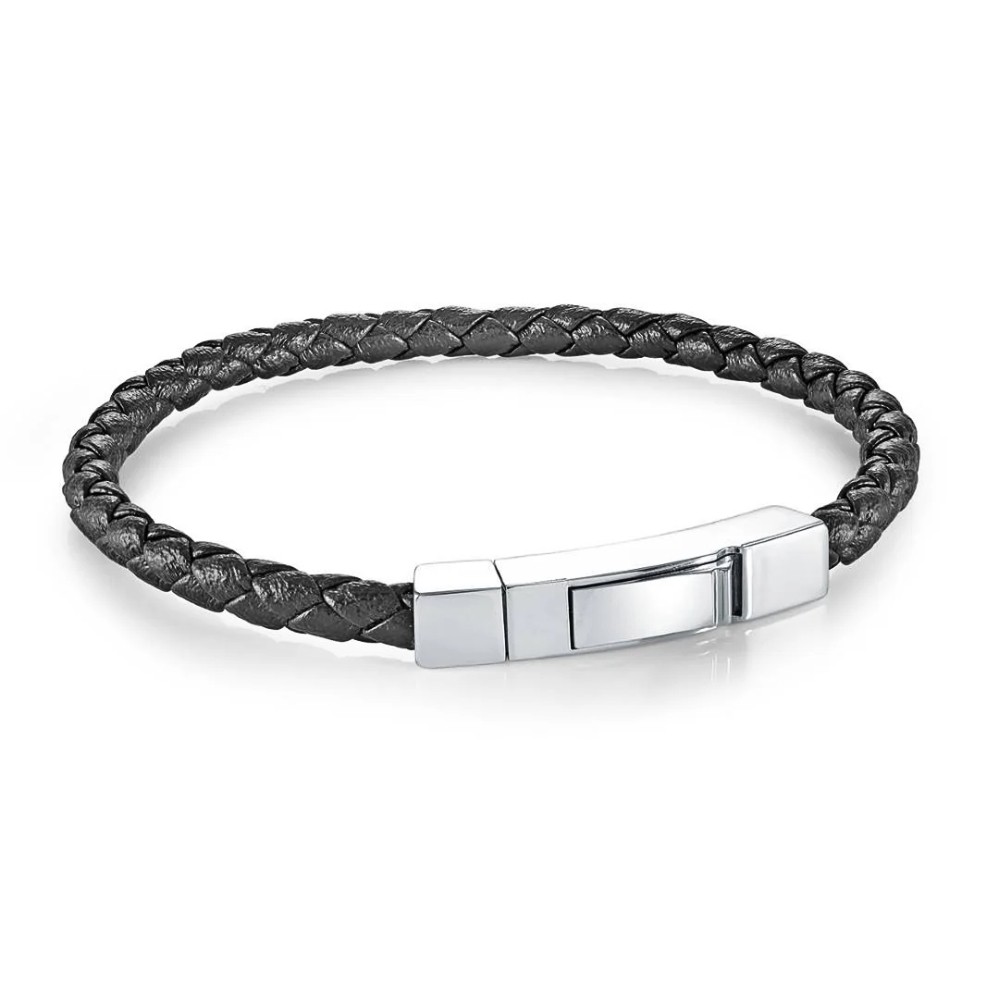 ITALGEM STEEL BLACK-LEATHER BOX-PUSH-CLASP BRACELET SLB679-7.5
