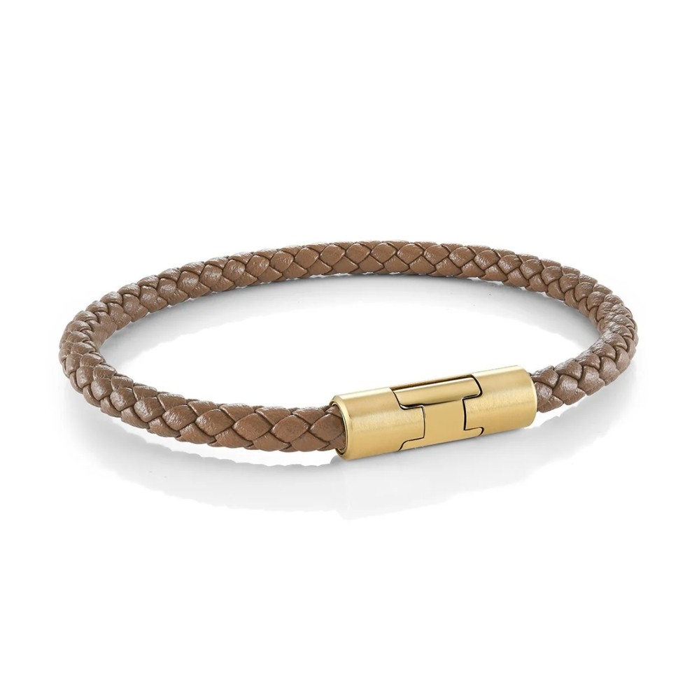 ITALGEM STEEL GOLD-IP TAN-LEATHER BRACELET SLB694-8