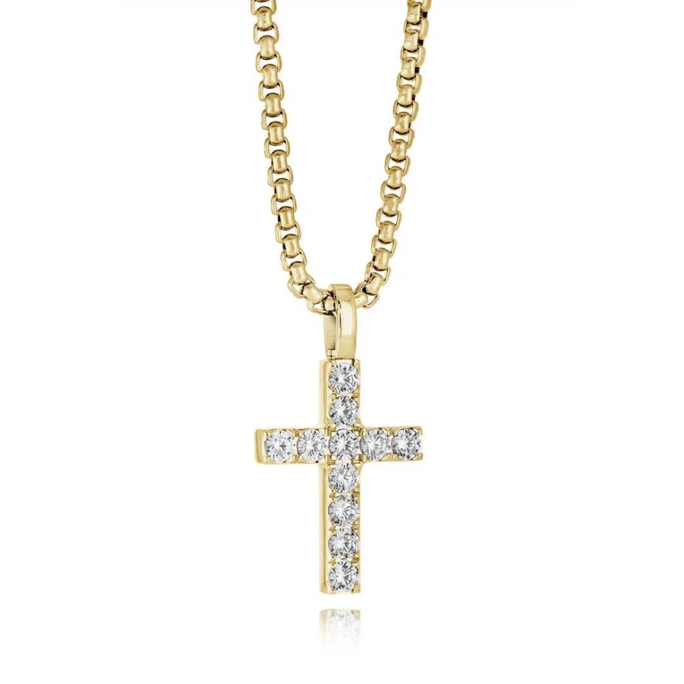 ITALGEM STEEL GOLD IP WHITE CZ CROSS NECKLACE SC199