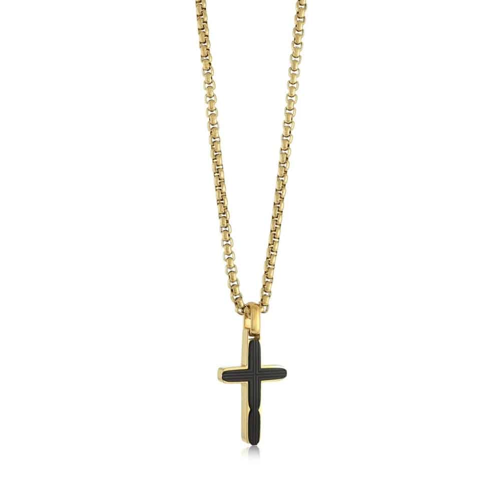 ITALGEM STEEL GOLD & BLACK-IP CROSS NECKLACE SC260-GO