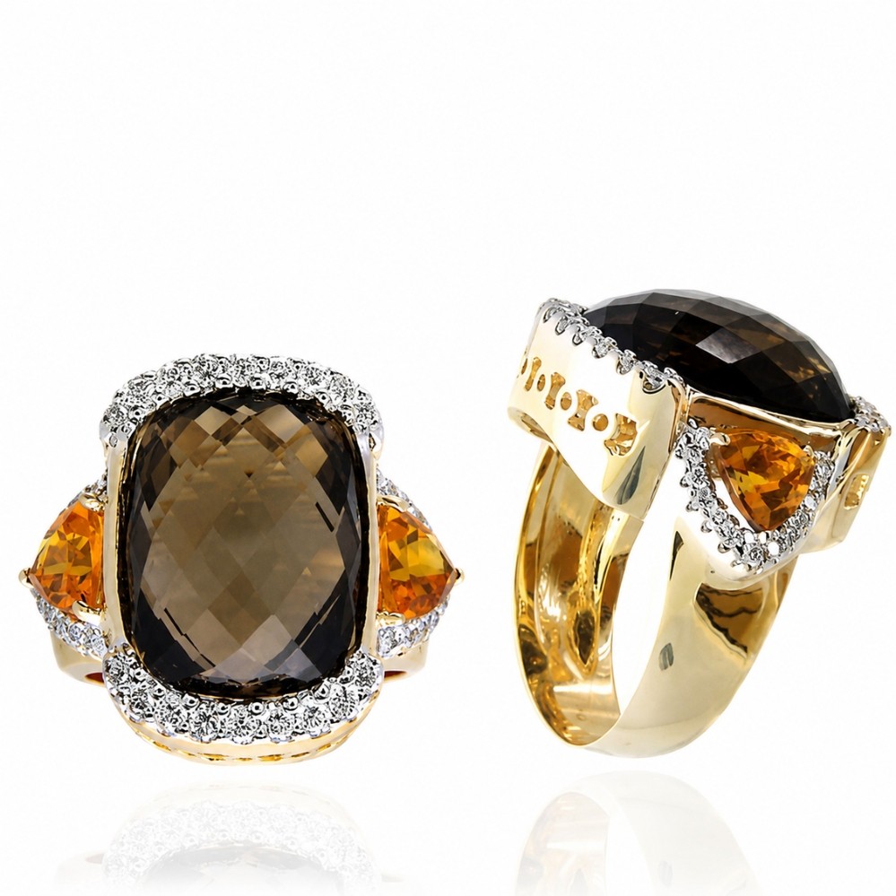 YELLOW GOLD CITRINE, TOPAZ & DIAMOND RING R10209STCT