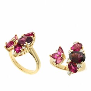 YELLOW GOLD MULTI COLORED STONES & DIAMOND RING R13172PTRH