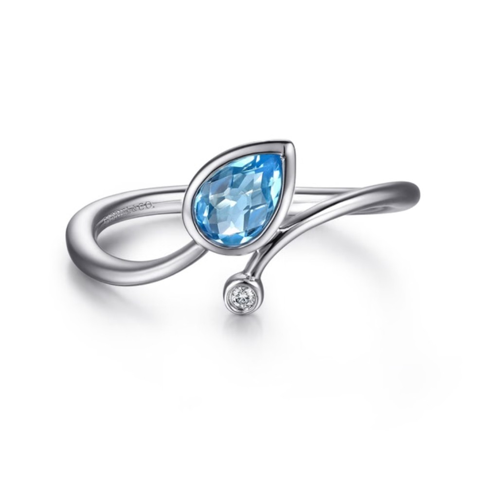 STERLING SILVER BLUE TOPAZ & DIAMOND TEARDROP BYPASS RING LR52253SV5BT