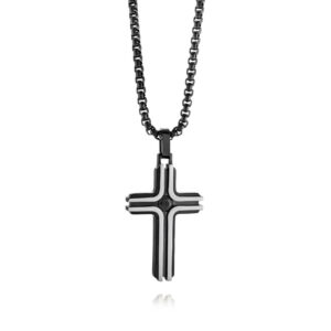 ITALGEM STEEL BLACK CZ CROSS PENDANT NECKLACE SC186