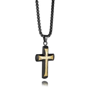 ITALGEM STEEL BLACK & GOLD HAMMERED CROSS NECKLACE SC245