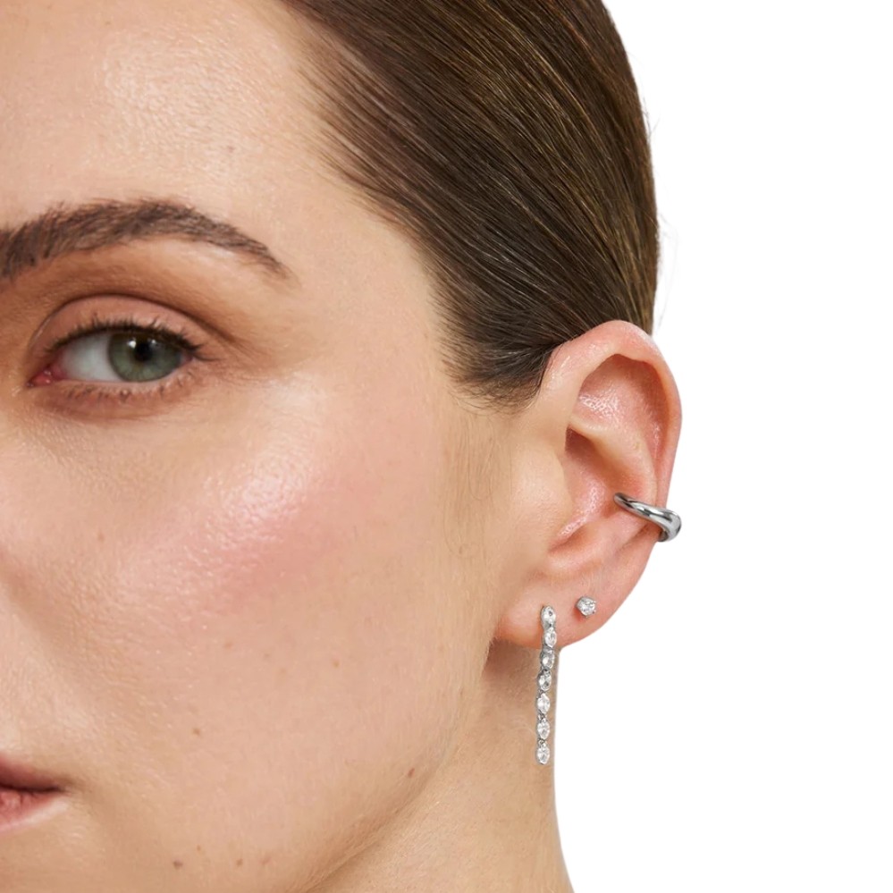 ANIA HAIE SILVER HALF-BEZEL OVAL LINEAR DANGLE STUD EARRINGS E076-18H
