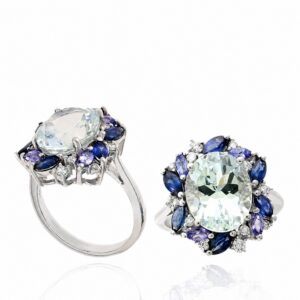 WHITE GOLD AQUAMARINE, TANZANITE & DIAMOND RING RW13082AQSTZ