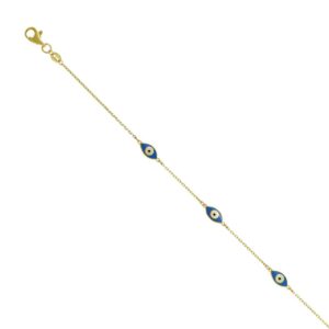 YELLOW GOLD CABLE CHAIN 3 EVIL EYE STATION BRACELET 1T293/0725